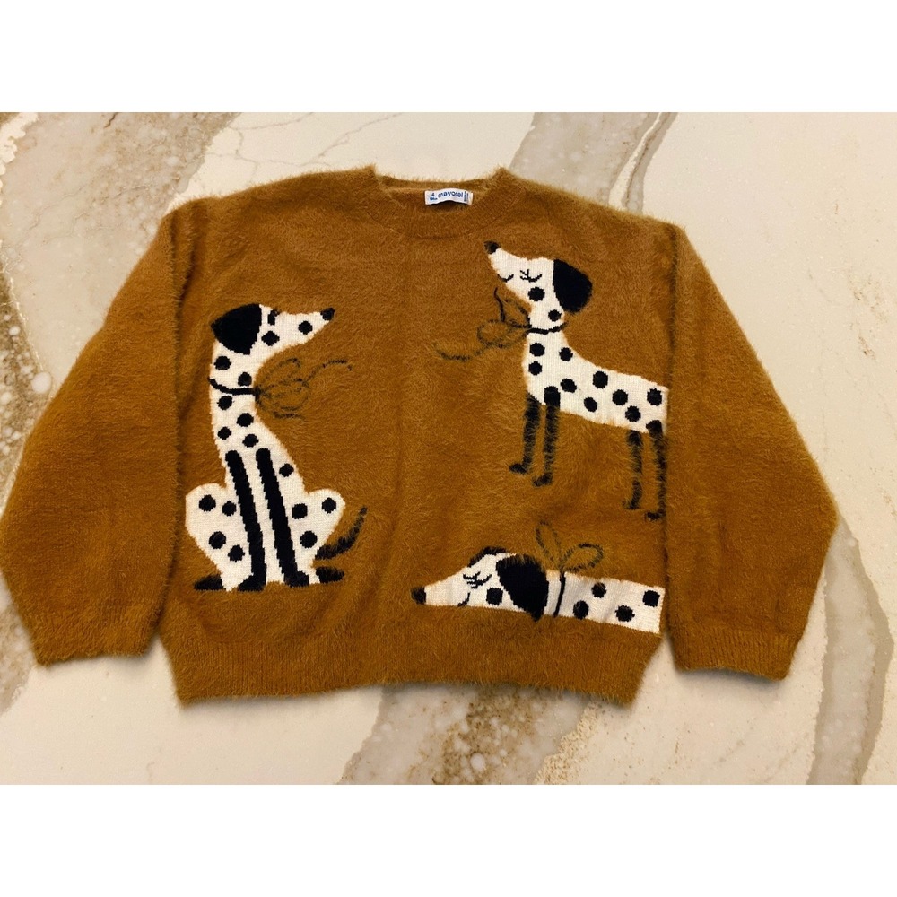 Mayoral Girls Sweater Size 4 104cm Brown Eyelash Fuzz Dalmatian Dog Graphic Top